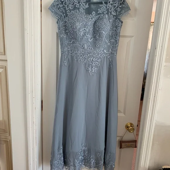 Blue A-Line Gown with Flutter Cap Sleeves - Picture 2 of 2